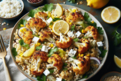 Roasted cauliflower, barley, lemon, coriander and feta salad